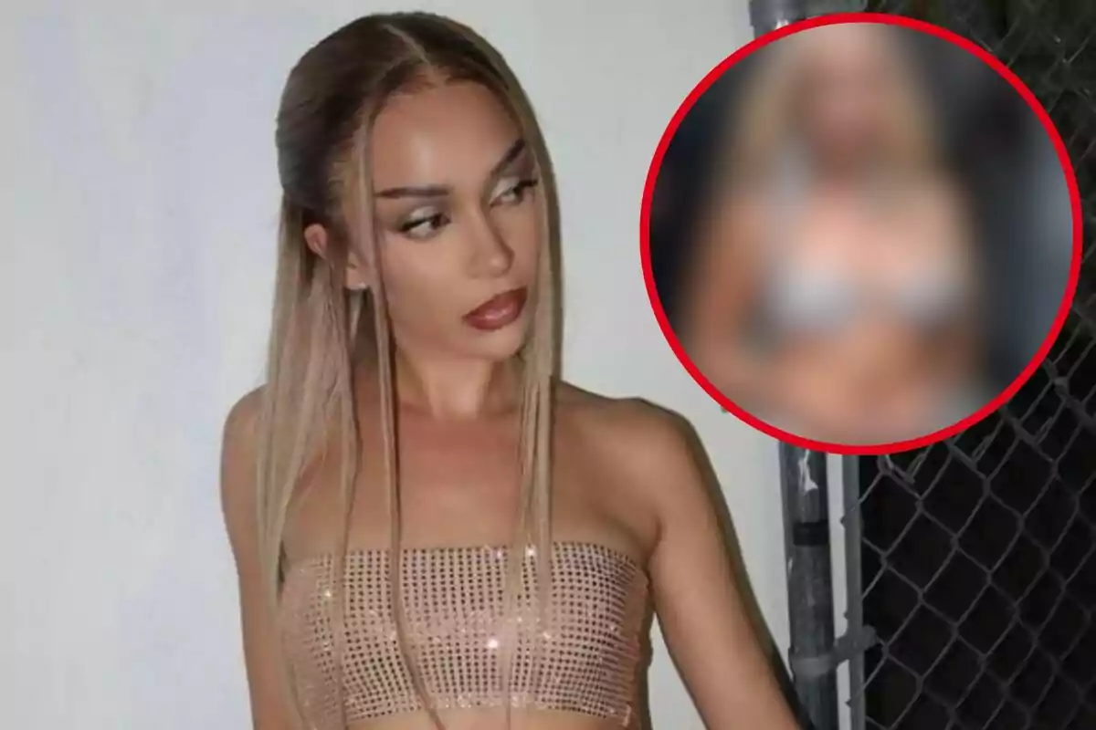 Una mujer con cabello largo y lacio, vestida con un top brillante, mira hacia un círculo rojo que contiene una imagen borrosa.