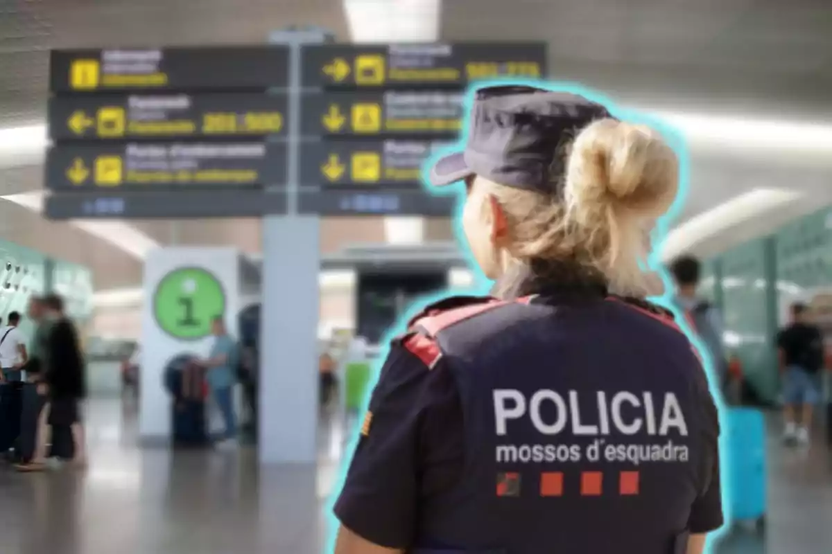 Una agente de policía de los Mossos d'Esquadra patrullando en un aeropuerto.