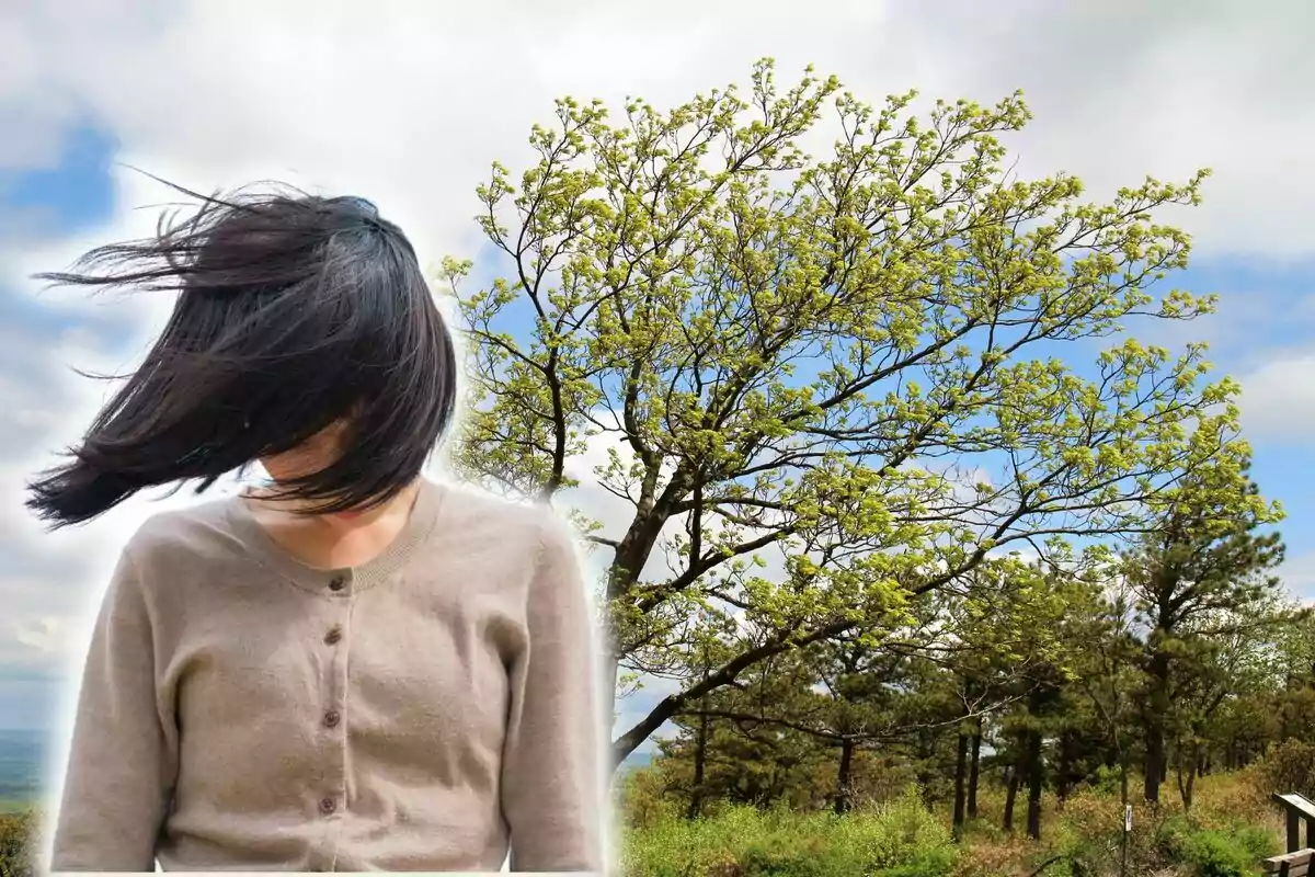 Una persona con el cabello oscuro cubriéndole el rostro, de pie frente a un árbol con hojas verdes y un cielo parcialmente nublado.