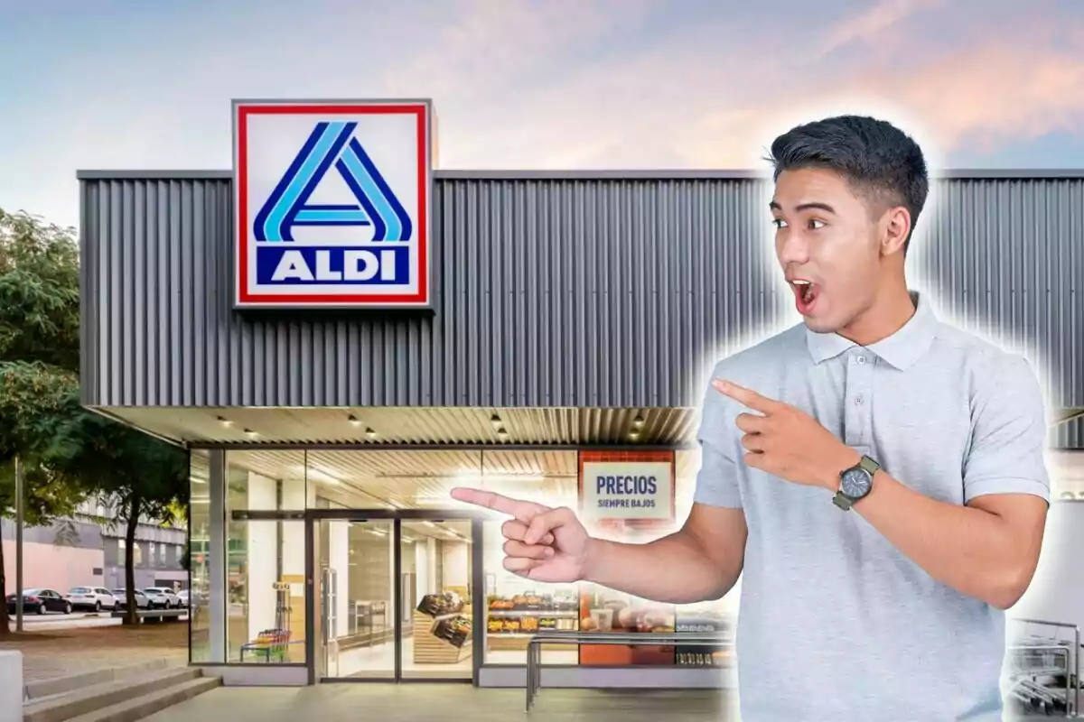 Un hombre sorprendido señala hacia una tienda de Aldi.