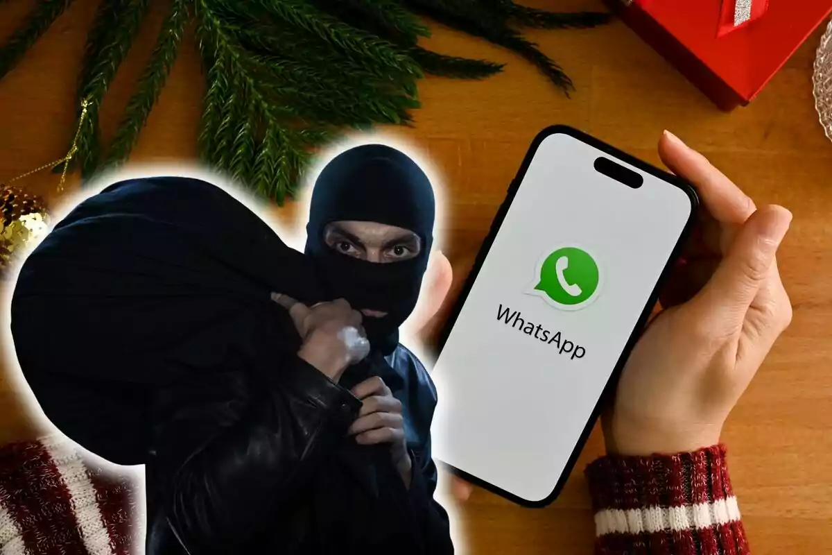 Un ladrón enmascarado con un saco negro y una persona sosteniendo un teléfono con el logo de WhatsApp en la pantalla, rodeados de decoraciones navideñas.