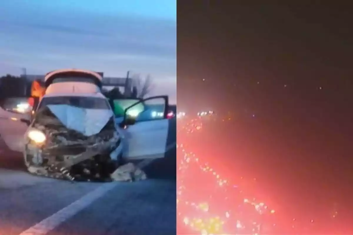 Un cotxe amb el front danyat i les portes obertes a una carretera al costat d'una imatge de trànsit nocturn amb llums vermelles i blanques.