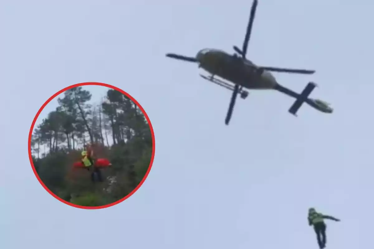 Un helicóptero realiza una operación de rescate en la que un rescatista desciende desde el aire, mientras en un recuadro se observa a otra persona siendo rescatada en un área boscosa.