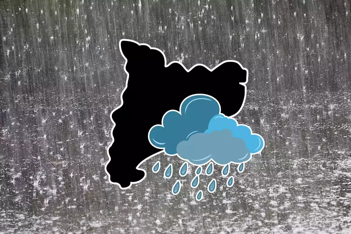 Ilustración de una nube de lluvia sobre un mapa en un fondo de lluvia intensa.