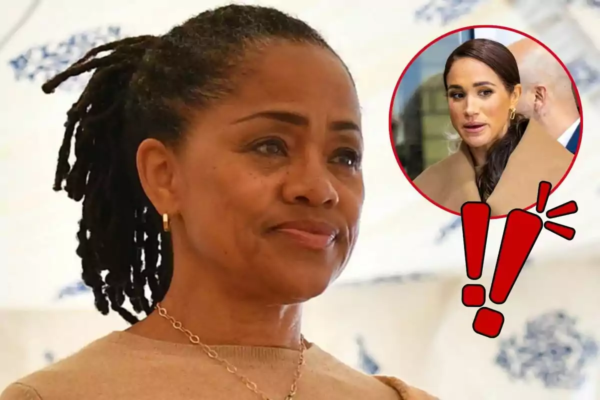 Doria Ragland with a serious expression and a box with Meghan Markle and exclamation marks.