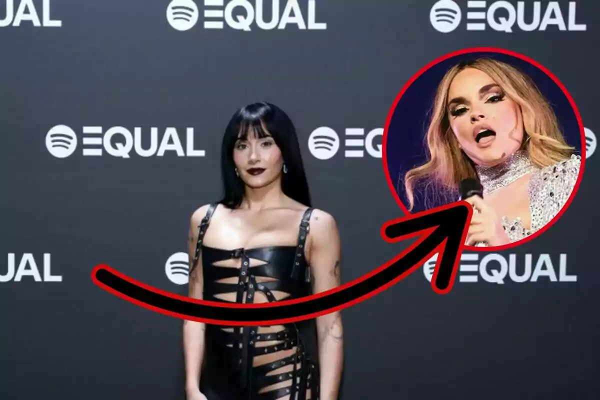 Mujer de cabello negro y vestido de cuero posando frente a un fondo de Spotify Equal con un círculo rojo que resalta a otra mujer cantando y una flecha que conecta ambas imágenes