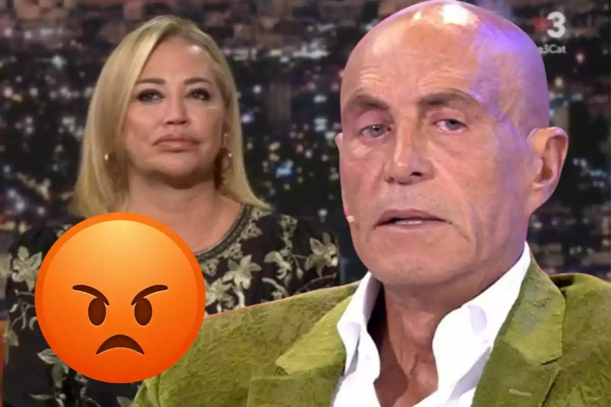 Dues persones en un plató de televisió amb un emoji de cara enfadada en primer pla