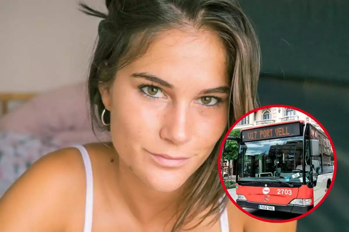 Una mujer joven con cabello castaño y una expresión serena, junto a una imagen circular de un autobús rojo con el letrero "V17 Port Vell".