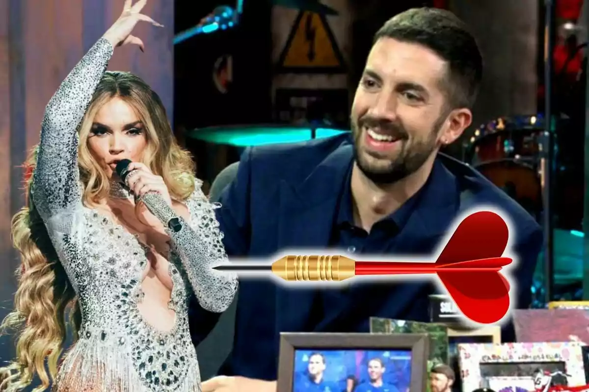 Una cantant amb vestit brillant sosté un micròfon mentre un home somriu i una fletxa de dard vermella apareix editada entre tots dos.