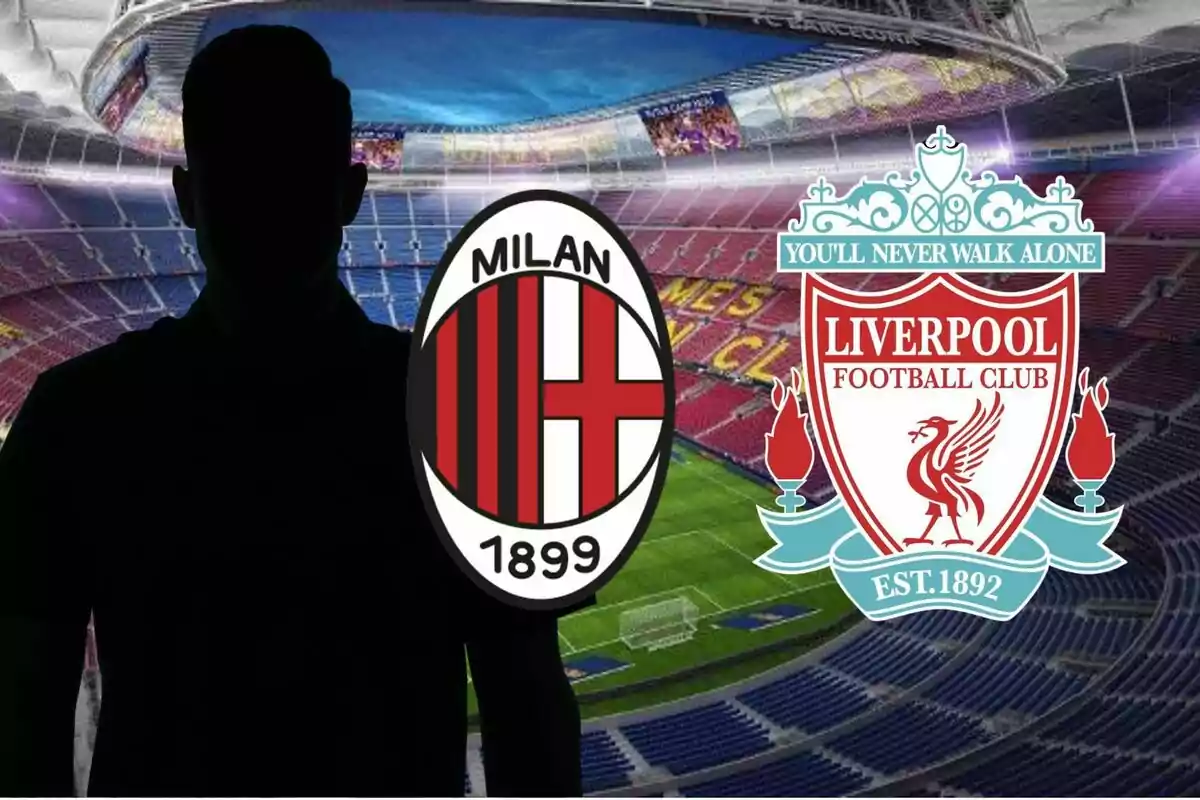 Una silueta d?una persona davant dels escuts dels equips de futbol AC Milan i Liverpool FC en un estadi.