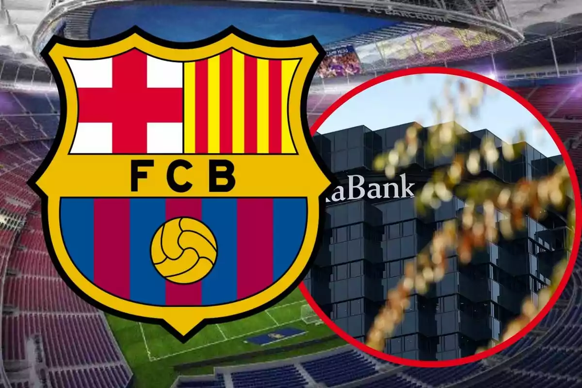 Escut del FC Barcelona sobre un estadi amb un edifici de fons.