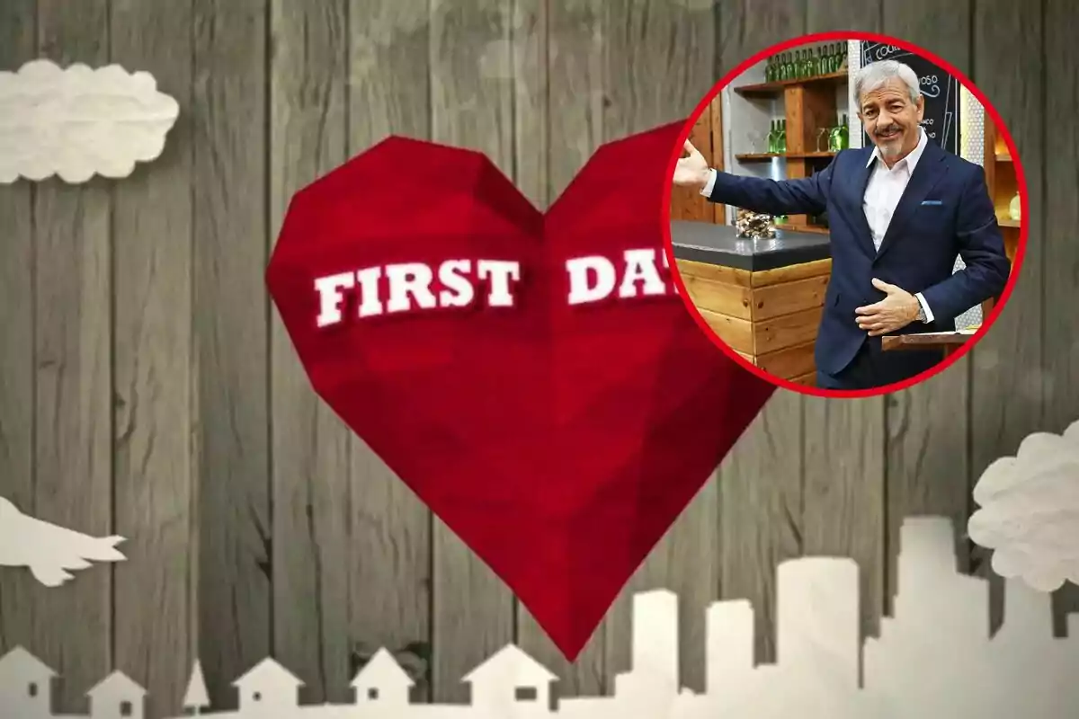 Un corazón rojo con las palabras "First Dates" sobre un fondo de madera con nubes y casas blancas y un hombre en un círculo rojo a la derecha.