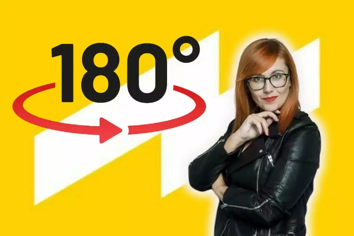 Red-haired woman with glasses and a black leather jacket posing next to a 180-degree chart with a red arrow on a yellow background