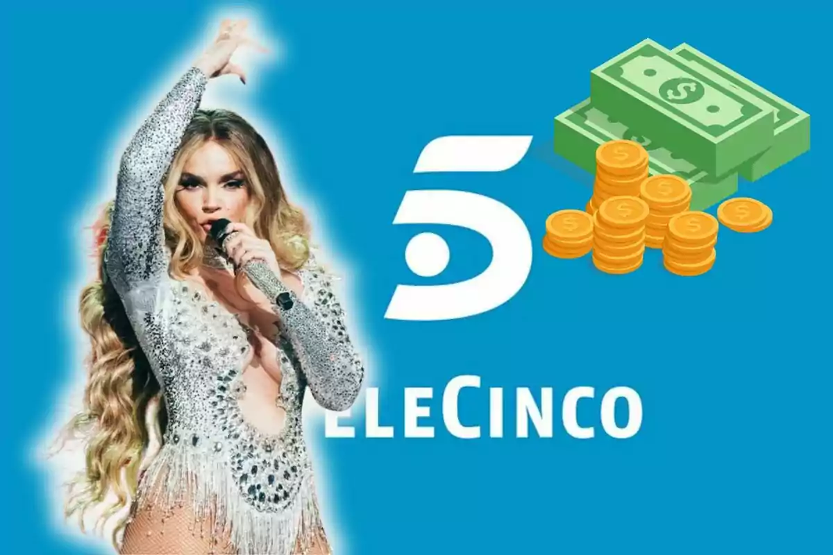 Cantante con micrófono vestida de lentejuelas junto al logo de Telecinco y dibujos de billetes y monedas sobre fondo azul