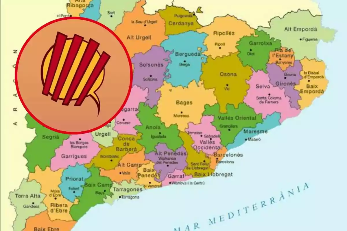 Mapa de Catalunya amb un símbol de quatre barres vermelles sobre un fons groc en un cercle vermell.