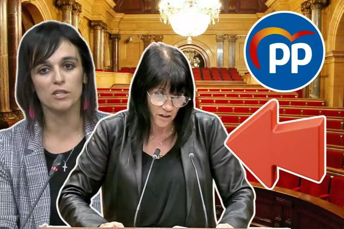 Una dona parlant en un faristol amb un fons d'un saló parlamentari, un logotip del PP i una fletxa vermella apuntant cap a ella.