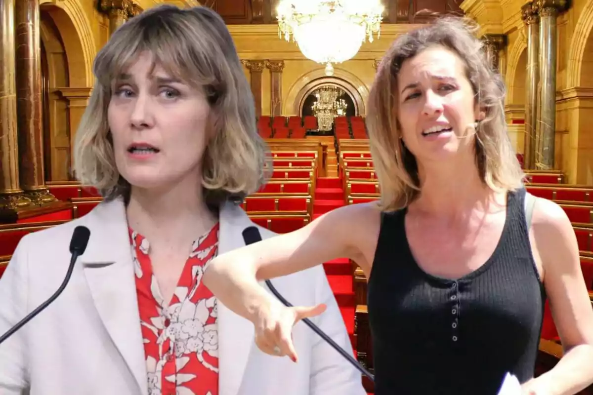 Dos mujeres hablando en un entorno que parece un parlamento con asientos rojos y columnas doradas.