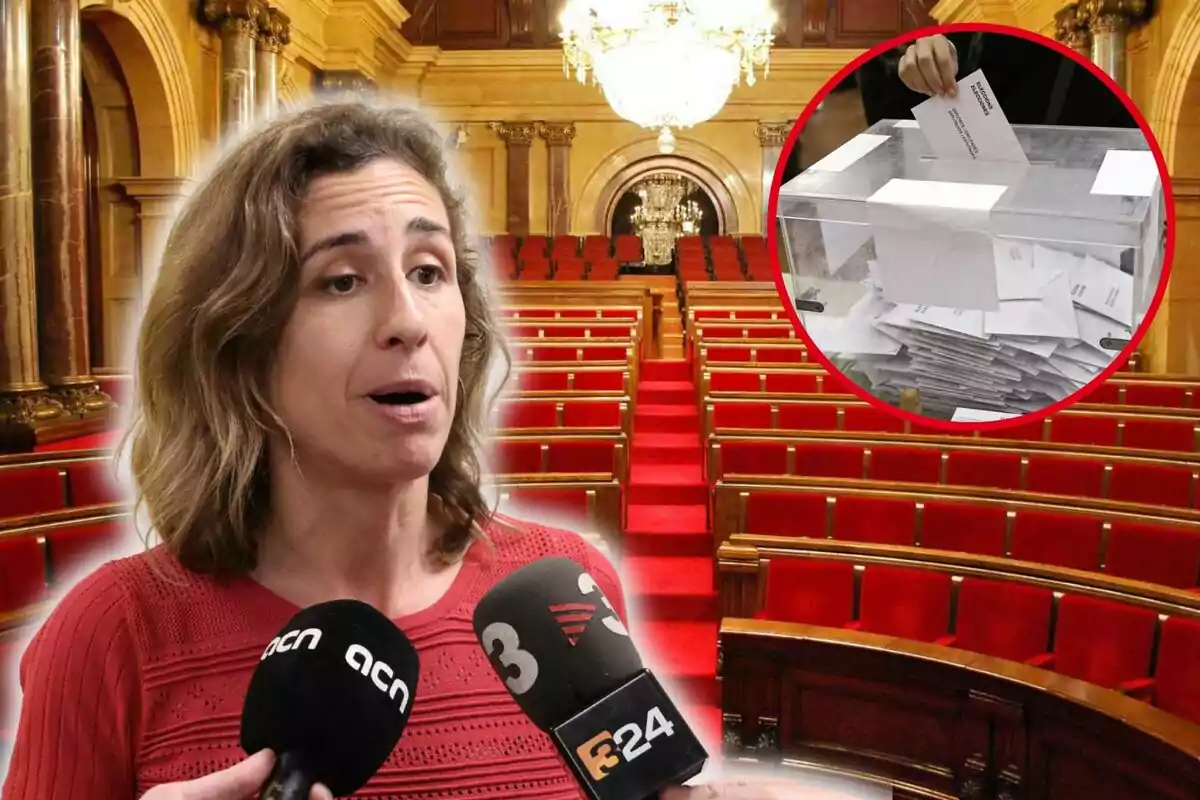 Dona parlant davant de micròfons en un parlament buit amb una urna de votació en un cercle a la cantonada superior dreta