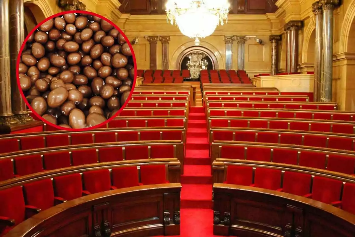 Un auditorio con asientos rojos y un círculo que muestra un acercamiento de chocolates.