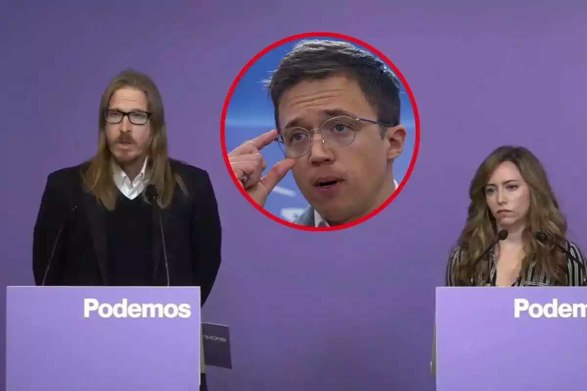 Dos personas en un podio con el logo de Podemos y un círculo rojo con otra persona en el centro.