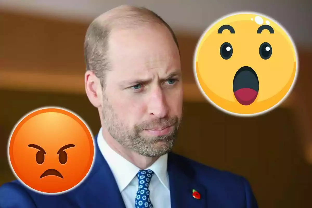 Home amb expressió seriosa vestit amb un vestit blau acompanyat d’un emoji enfadat i un emoji sorprès