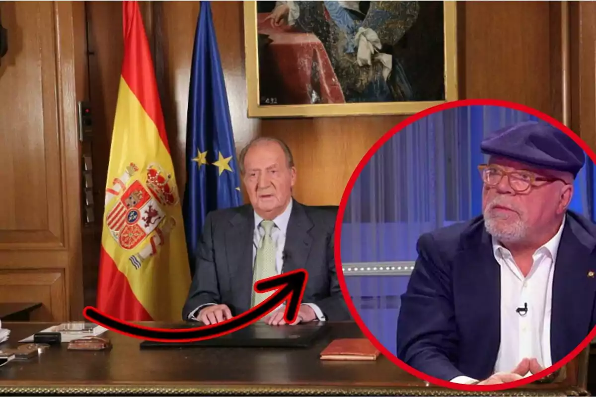 Un home gran amb vestit assegut en un escriptori davant de les banderes d’Espanya i de la Unió Europea, amb un retrat a la paret i un cercle vermell que ressalta un altre home amb ulleres i boina a la cantonada dreta.