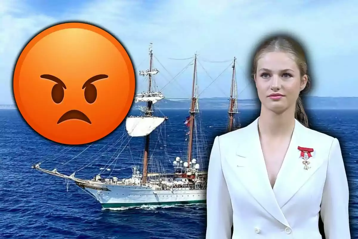 Dona jove amb jaqueta blanca i medalla, un vaixell de vela al mar i un emoji de ràbia gran a l'esquerra