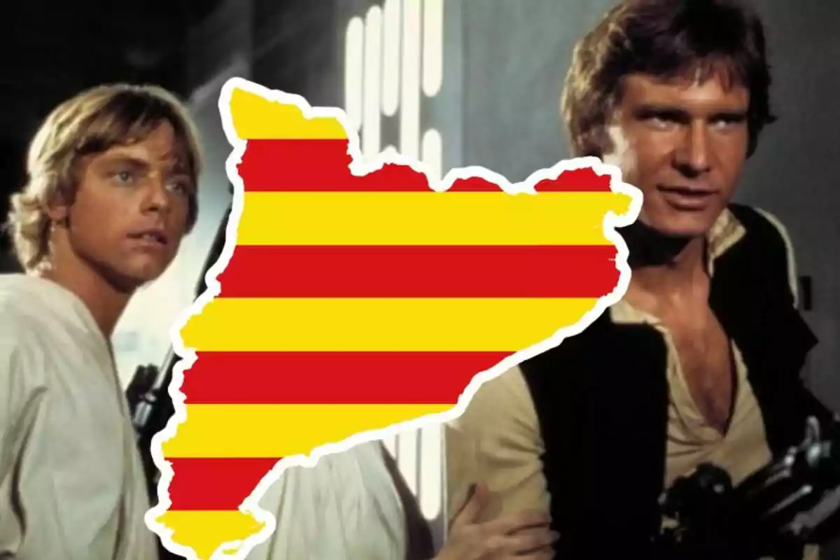 Dos personatges de Star Wars amb una silueta de Catalunya amb la bandera catalana superposada al centre