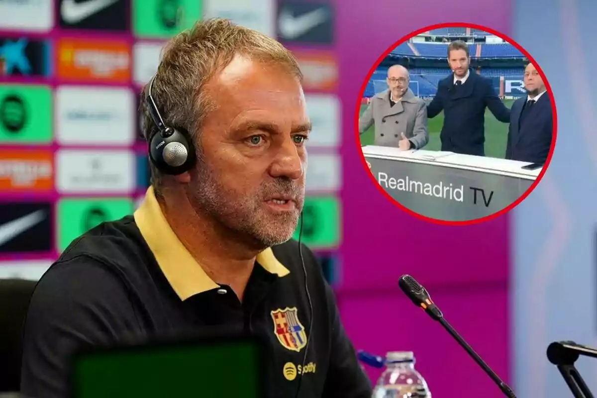 Un hombre con auriculares y camiseta del Barcelona en una conferencia de prensa con un micrófono frente a él y un recuadro que muestra a tres personas en un set de televisión de Real Madrid TV.