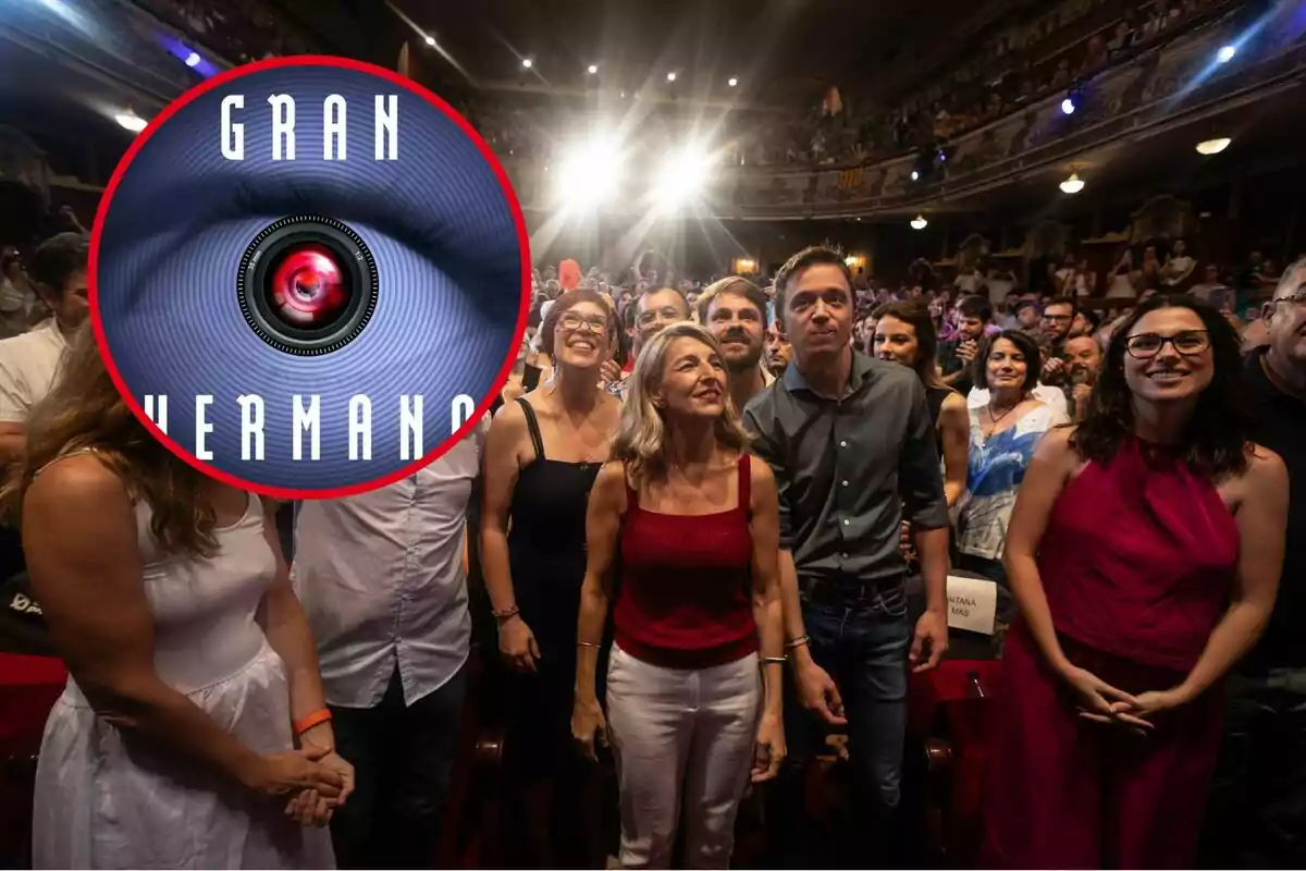 Un grup de persones somriu en un teatre ple de gent amb un logotip de Gran Hermano superposat a la imatge.