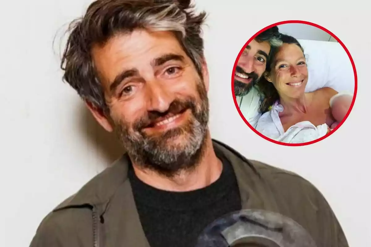 Un hombre con barba sonríe mientras sostiene un objeto, con una imagen circular en la esquina superior derecha que muestra a una pareja sonriente con un bebé.