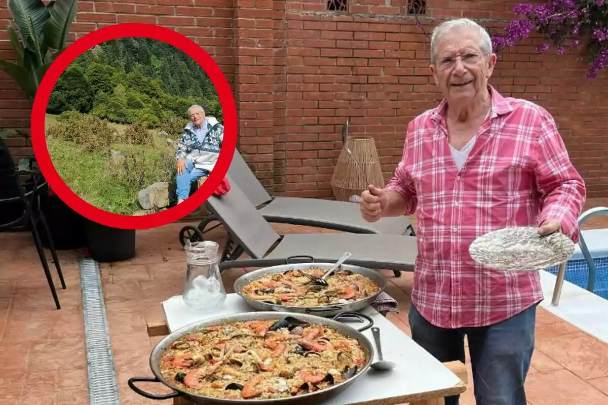 Home gran amb camisa de quadres rosada sostenint un plat i un utensili de cuina, al costat de dues paelleres plenes de paella en una terrassa amb cadires i plantes, amb una imatge circular inserida d'ell mateix en un entorn natural.