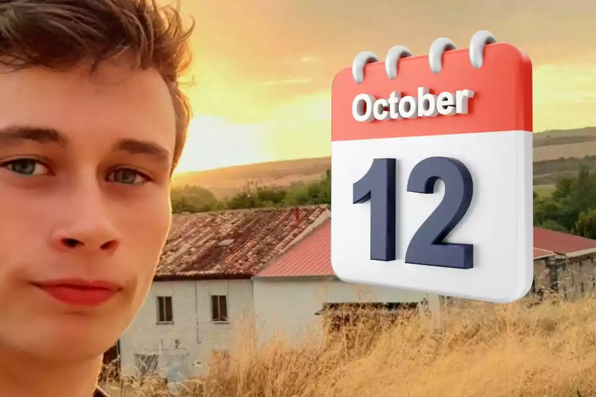 Un joven con una expresión seria en primer plano, con un paisaje rural al atardecer de fondo y un calendario que muestra la fecha "12 de octubre".