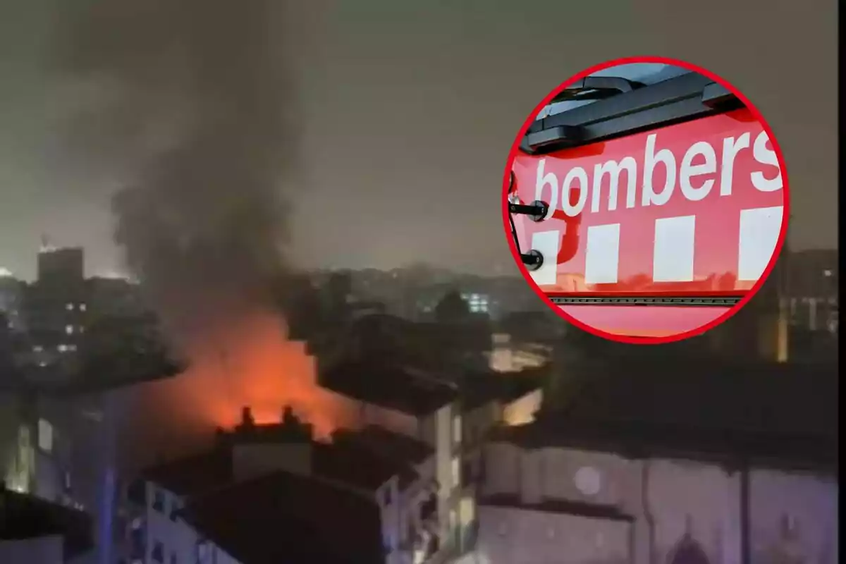 Incendio en un edificio durante la noche con humo denso y un círculo que muestra un camión de bomberos.