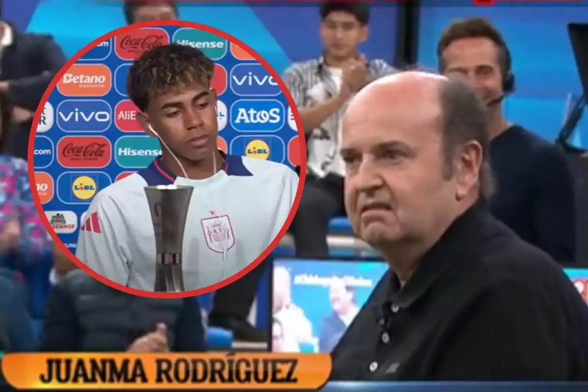 Man with a look of disgust on a TV show and an inset of a young player holding a trophy