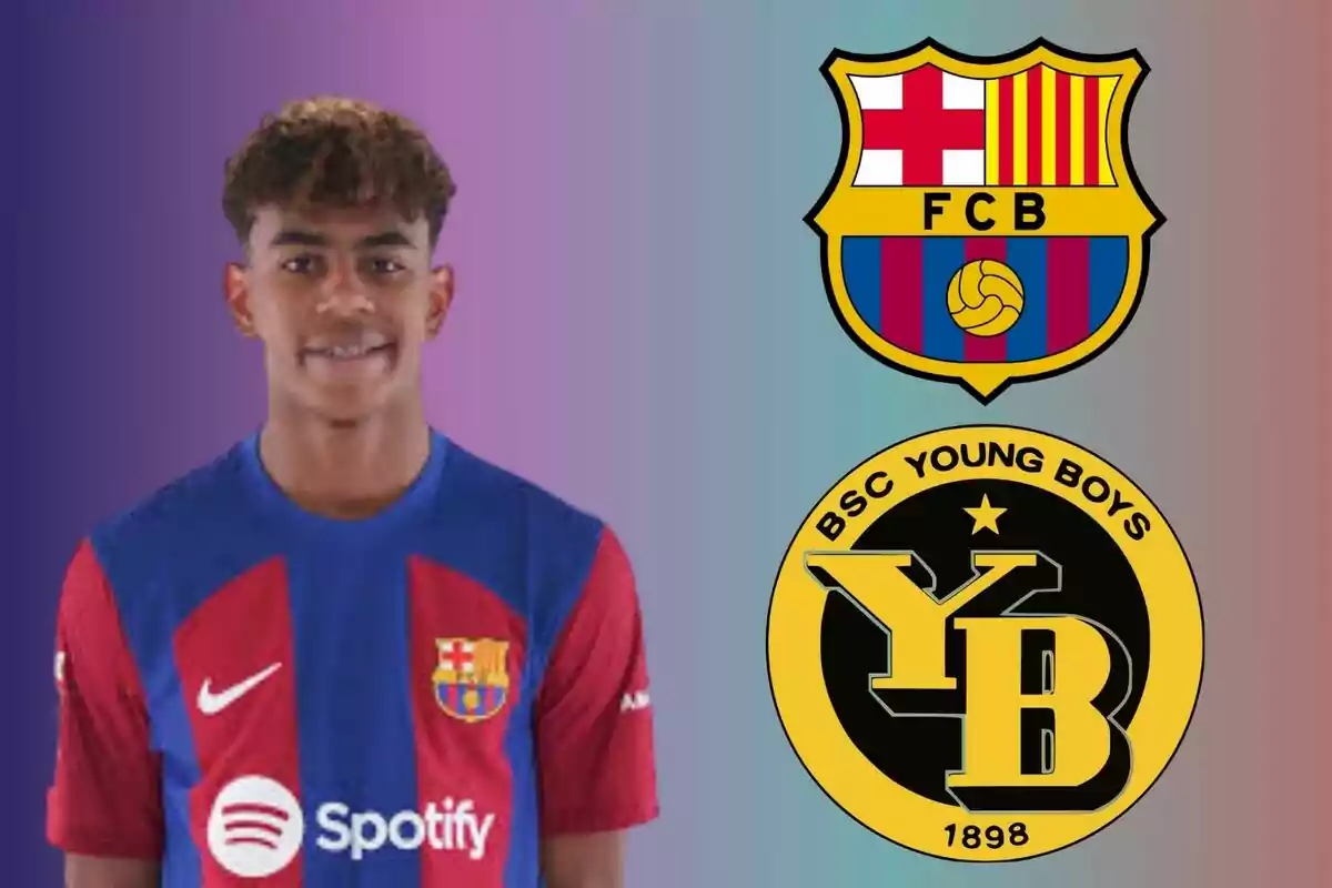 Un jugador de fútbol con la camiseta del FC Barcelona junto a los escudos del FC Barcelona y del BSC Young Boys.