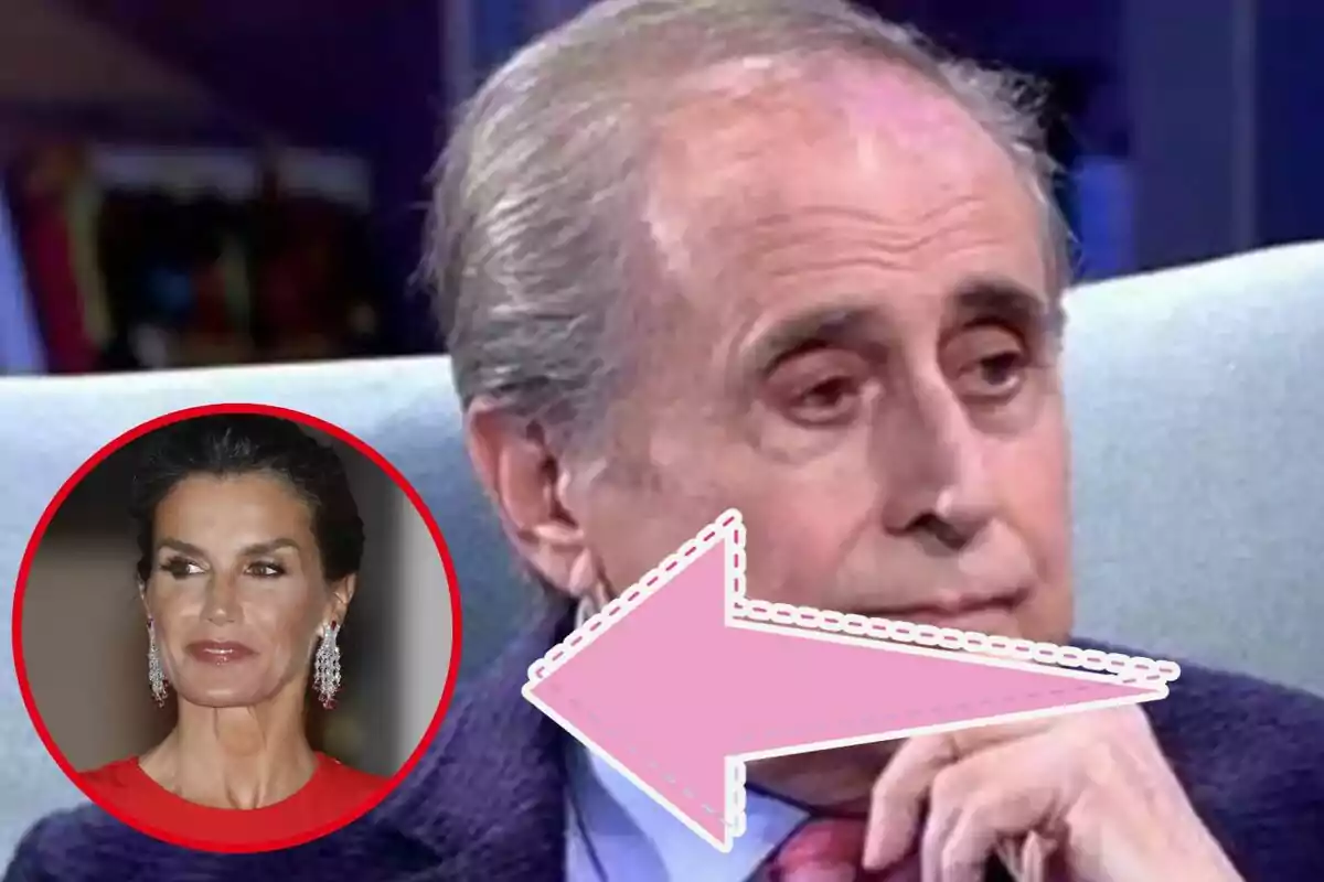 Home gran pensatiu en primer pla amb una fletxa rosa que assenyala cap a un cercle que conté la imatge d’una dona elegant amb arracades llargues