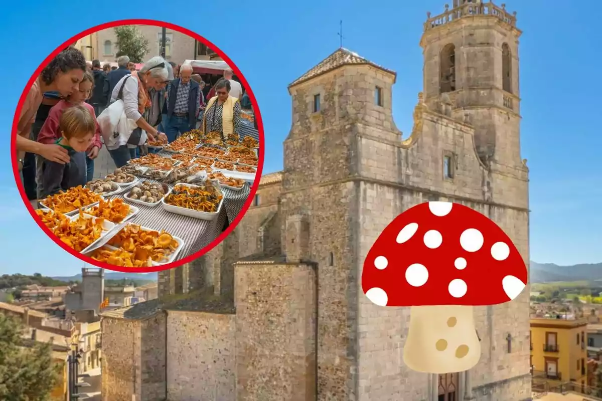 Una església de pedra amb un dibuix de fong vermell i blanc en primer pla i un cercle que mostra persones comprant bolets en un mercat.