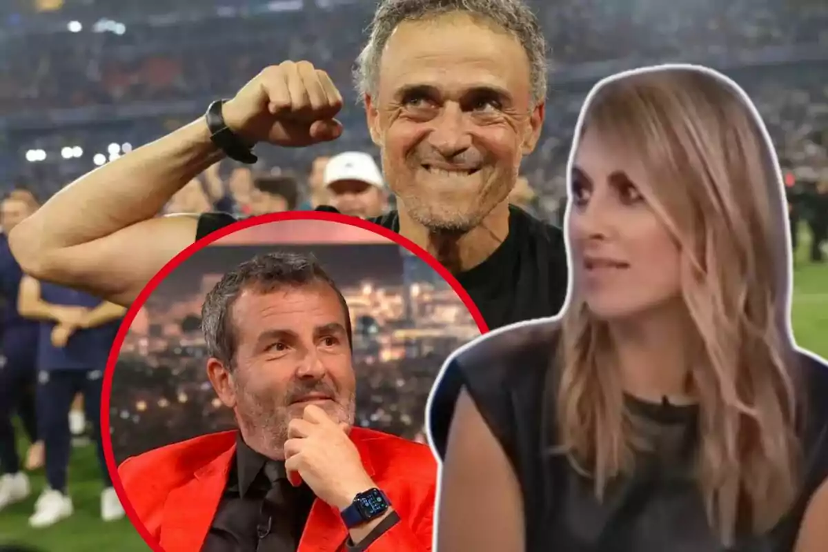 Un home somrient celebra en un estadi mentre en primer pla apareixen les retallades d’un home pensatiu amb jaqueta vermella i d’una dona rossa mirant cap a la dreta.