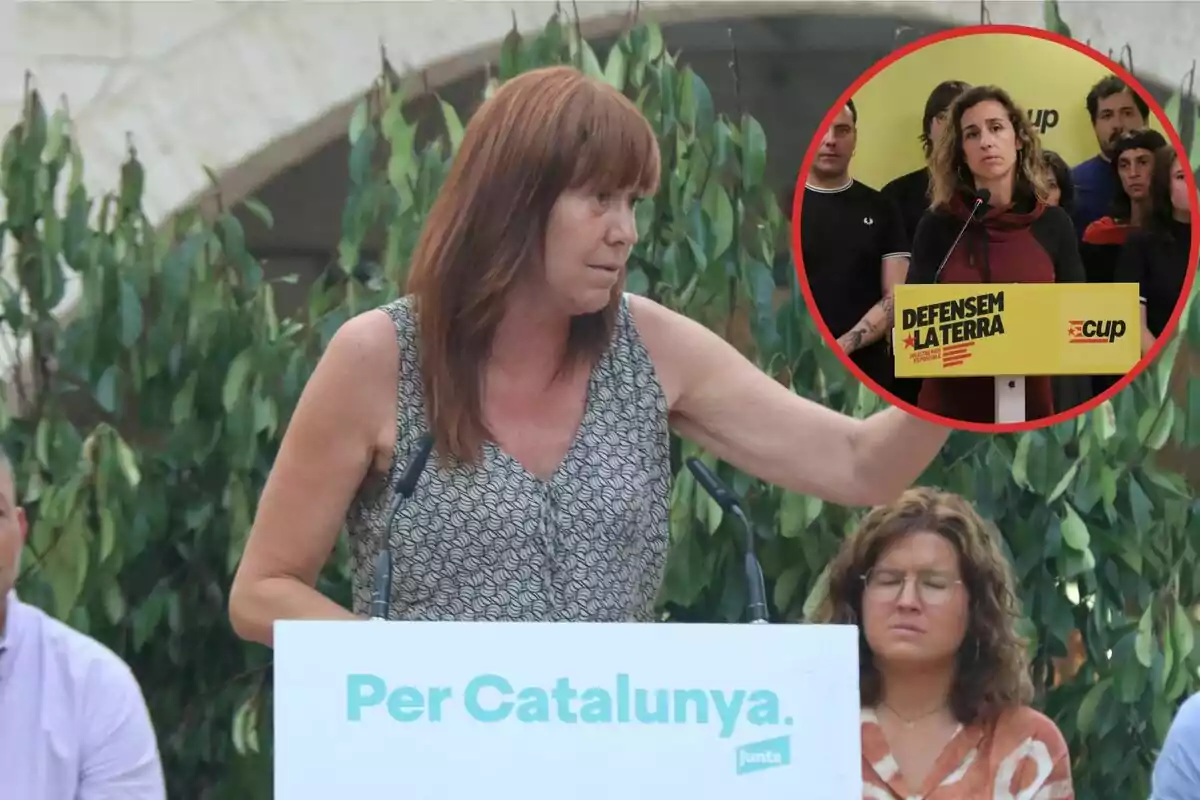 Una dona parlant en un podi amb el text “Per Catalunya” mentre una altra dona apareix en un requadre circular amb un cartell que diu “Defensem la terra” i “CUP” envoltada de persones.