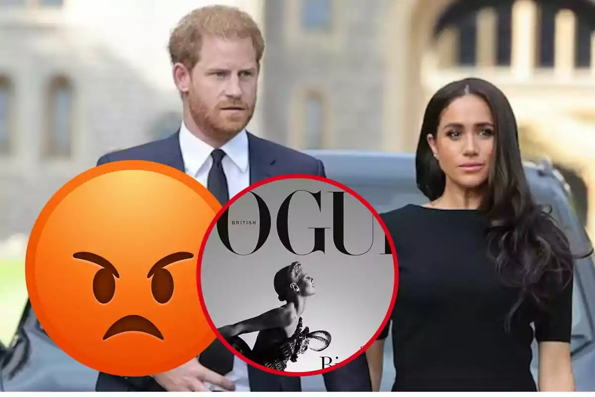 Una parella vestida de manera elegant apareix al fons, mentre que en primer pla hi ha un emoji d’enuig i una portada de la revista Vogue superposats.