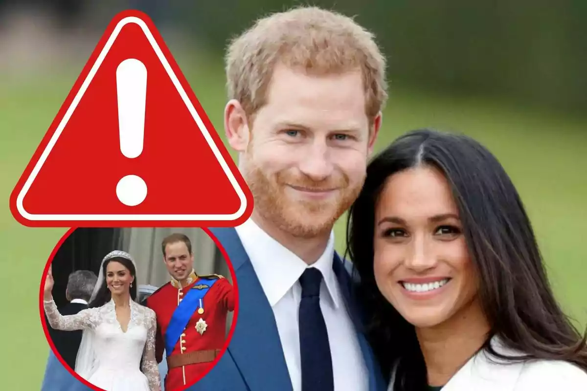 Pareja sonriente en primer plano con un triángulo de advertencia rojo y una imagen circular de otra pareja en boda en la esquina
