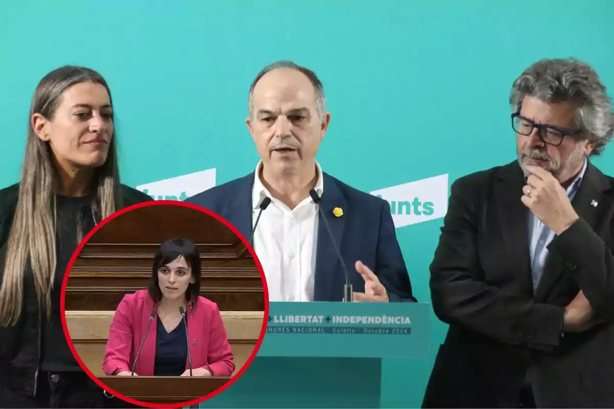 Un grupo de personas en una conferencia de prensa con un fondo verde y un recuadro de una mujer hablando en un podio.