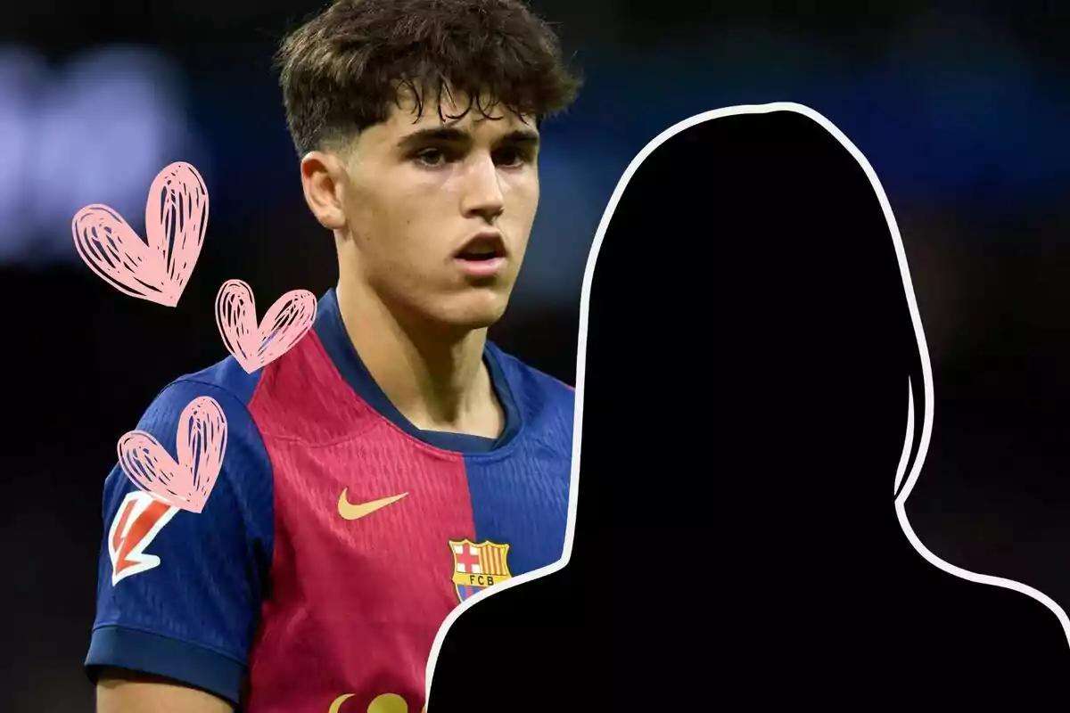 Jove futbolista amb samarreta del Barcelona al costat de la silueta d’una persona i diversos cors dibuixats