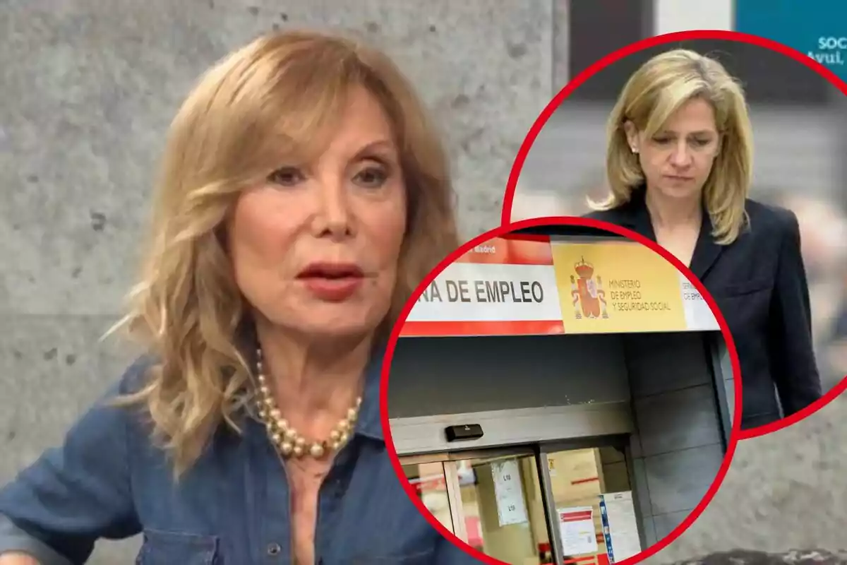 Dona rossa de mitjana edat en primer pla amb expressió seriosa i dos cercles vermells que mostren una altra dona rossa i l’entrada d’una oficina d’ocupació a Espanya