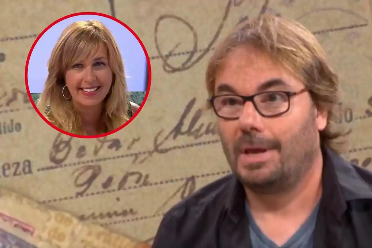 Un hombre con gafas y barba aparece en primer plano con un fondo de texto antiguo y una imagen circular de una mujer rubia sonriendo en la esquina superior izquierda.