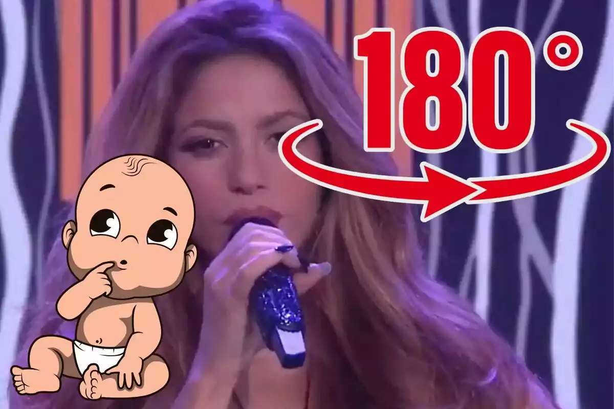 Mujer cantando con micrófono, dibujo de un bebé pensativo y un texto grande que dice 180° con una flecha roja curva