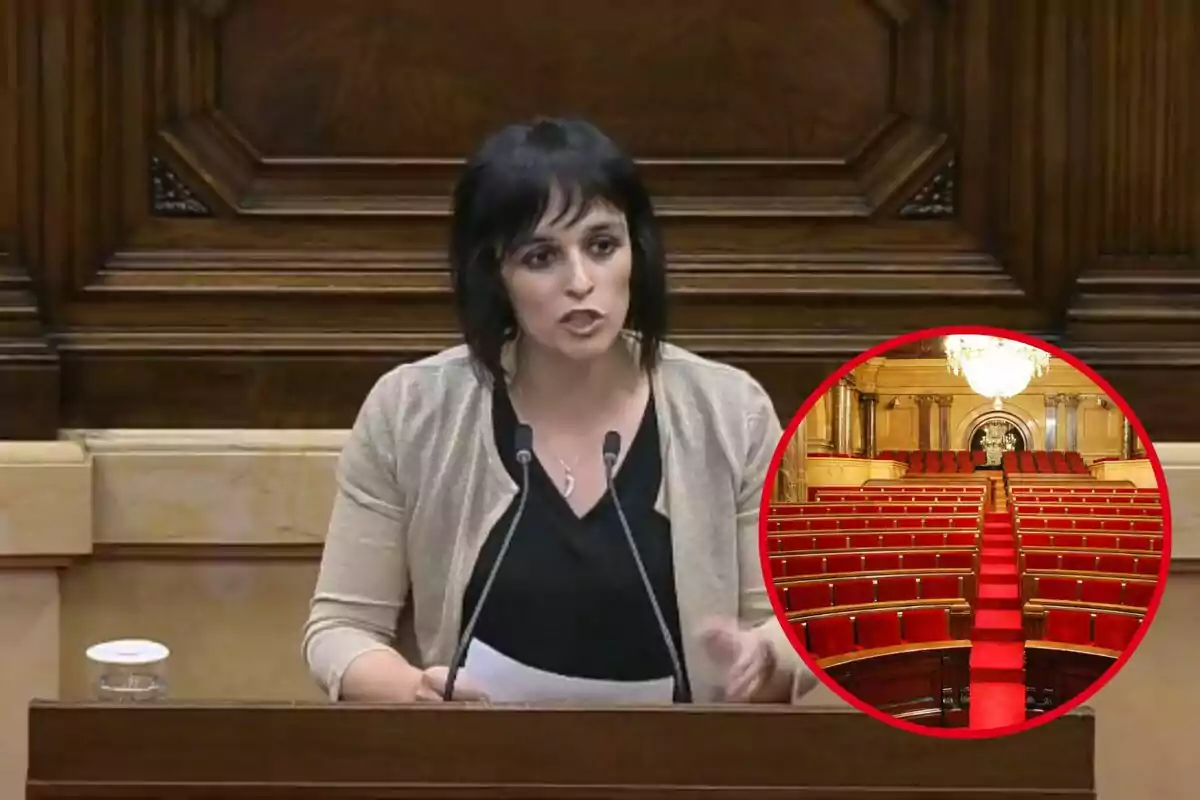 Una dona parlant a un podi amb una imatge superposada d'un parlament buit.