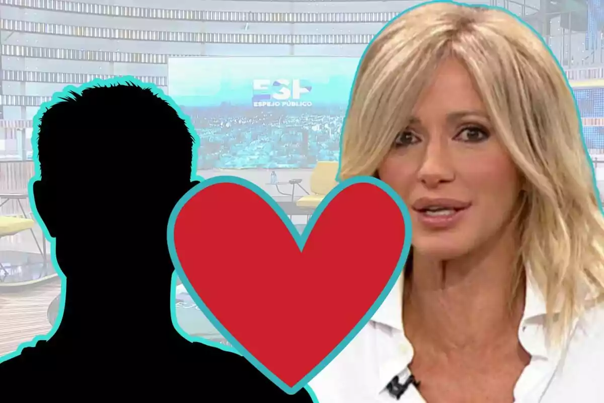 Una mujer rubia aparece junto a la silueta de una persona con un corazón rojo en el centro, en un fondo de estudio de televisión.