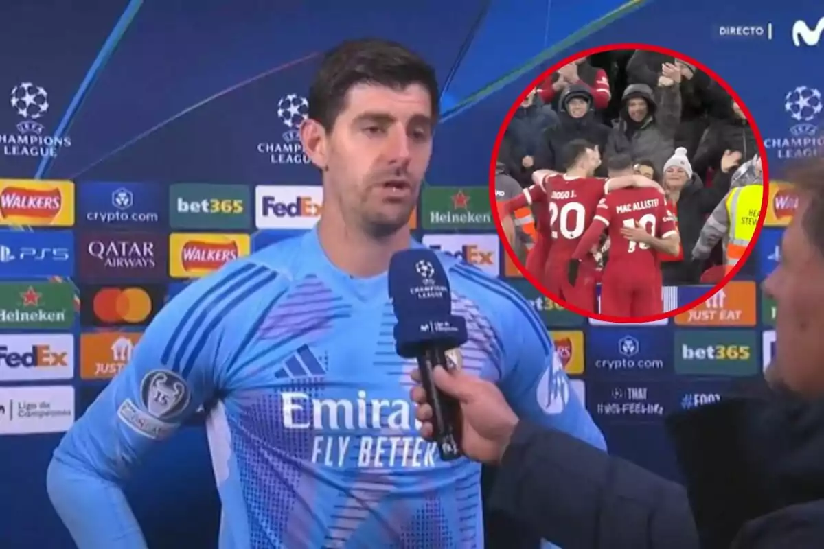 Un jugador de fútbol con uniforme azul del Real Madrid está siendo entrevistado frente a un fondo con logotipos de la Champions League y patrocinadores mientras en un recuadro se ve a dos jugadores de otro equipo celebrando con la afición.